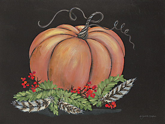 Julie Norkus NOR165 - NOR165 - Pumpkin and Feathers - 16x12 Pumpkin, Autumn, Berries, Feathers, Greenery, Dark Background, Still Life from Penny Lane