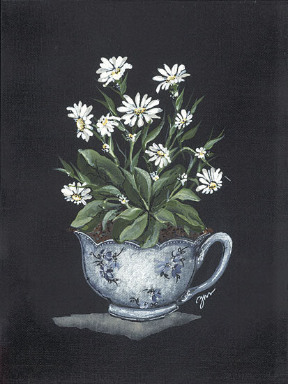 Julie Norkus NOR189 - NOR189 - Tea Cup Daisies - 12x16 Tea Cup, Flowers, Daisies, Tea, Kitchen, Black Background from Penny Lane