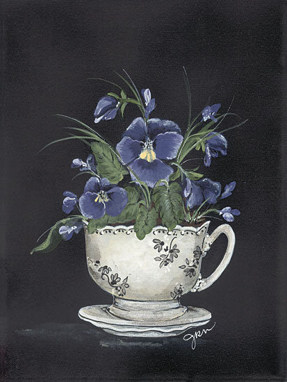 Julie Norkus NOR190 - NOR190 - Tea Cup Violets - 12x16 Tea Cup, Flowers, Violets, Tea, Kitchen, Black Background from Penny Lane