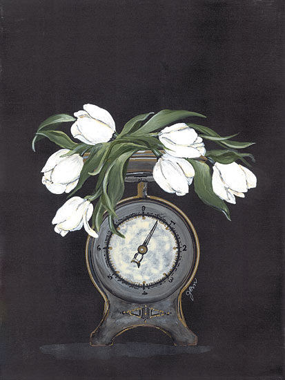 Julie Norkus NOR193 - NOR193 - Vintage Scale with Tulips - 12x16 Scale, Old Fashioned, Kitchen Scale, Vintage, Flowers, Tulips, Still Life, Black Background from Penny Lane