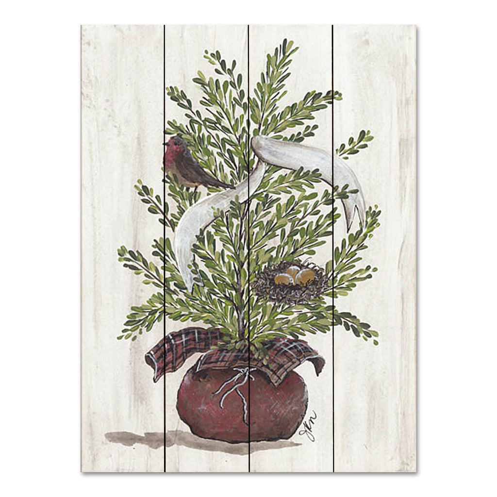 Julie Norkus NOR225PAL - NOR225PAL - Burlap Tree with Birdie & Nest - 12x16 Still Life, Tree, Potted Tree, Bird, Bird's Nest, Banner, Winter, Rustic from Penny Lane