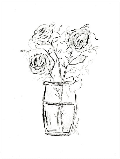Julie Norkus NOR266 - NOR266 - Roses Charcoal Sketch    - 12x16  Flowers, Roses, Abstract, Charcoal Sketch, Drawing Print, Bouquet, Vase, Black & White from Penny Lane