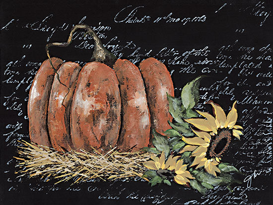 Julie Norkus NOR277 - NOR277 - Scripty Sunflower with Pumpkin - 16x12 Fall, Still Life, Pumpkin, Sunflowers, Fall Flowers, Straw, Script Background, Black Background from Penny Lane