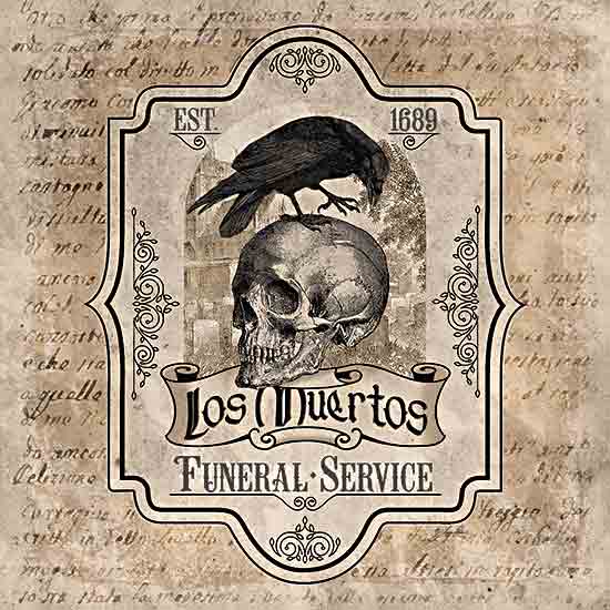 Lauren Rader RAD1443 - RAD1443 - Los Muertos Funeral Service - 12x12 Halloween, Vintage, Western, Los Muertos Funeral Service, Typography, Signs, Textual Art, Bird, Skull, Tea-Stain from Penny Lane