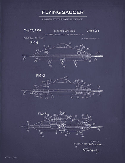 Susan Ball SB1127 - SB1127 - Flying Saucer Patent    - 12x16 Blueprint, Flying Saucer, Patent, Blue & White, Aliens, Masculine, Flying Saucer United States Patent Office, Typography, Signs, Textual Art from Penny Lane