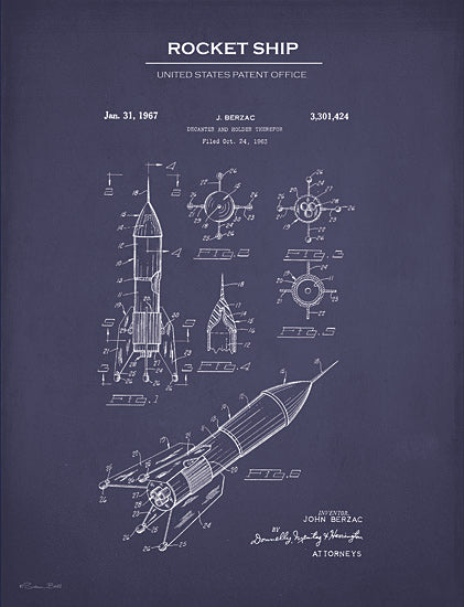 Susan Ball SB1128 - SB1128 - Rocket Ship Patent   - 12x16 Blueprint, Rocket Ship, Patent, Blue & White, Astronaut, Masculine, Rocket Ship United States Patent Office, Typography, Signs, Textual Art from Penny Lane