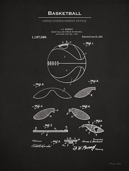 Susan Ball SB1287 - SB1287 - Basketball Patent 1 - 12x16 Basketball, Basketball Blueprint, Basketball United States Patent Office, Typography, Signs, Textual Art, Design, Pattern, Masculine, Sports, Black & White from Penny Lane
