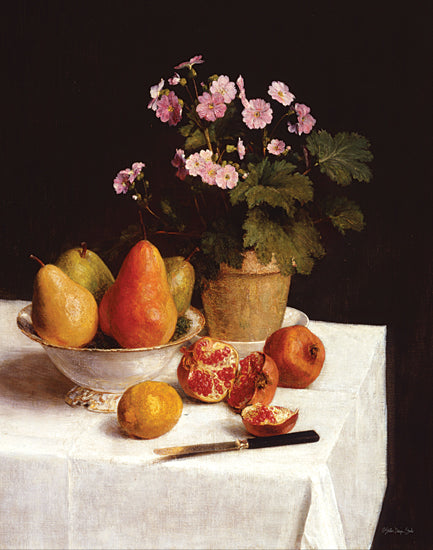 Stellar Design Studio SDS1170 - SDS1170 - Pears and Pomegranates - 12x16 Still Life, Fruit, Flowers, Vintage, Table, White Tablecloth, Pears, Pomegranates, Potted Flowers, Pink Flowers from Penny Lane