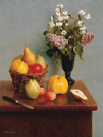 Stellar Design Studio SDS1263 - SDS1263 - Fruit and Flowers - 12x16 Still Life, Fruit, Pears, Flowers, Purple and White Flowers, Bouquet, Vase, Cabinet,  from Penny Lane