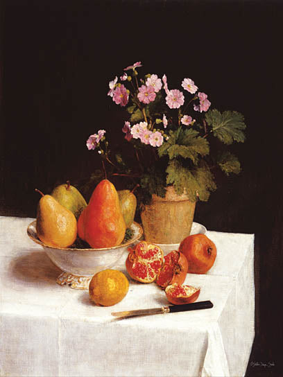 Stellar Design Studio SDS1264 - SDS1264 - Pears and Pomegranates - 12x16 Still Life, Fruit, Pears, Pomegranates, Bowl, Flowers, Pink Flowers, Potted Flowers, White Tablecloth from Penny Lane