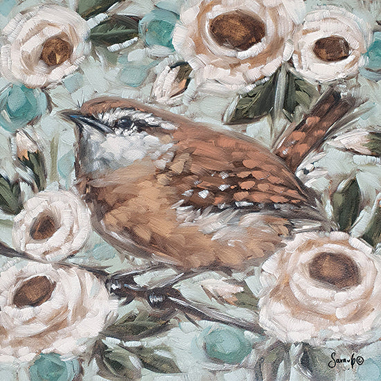 Sara G. Designs SGD140 - SGD140 - Rose Garden Wren - 12x12 Bird, Wren, Flowers, Pink Flowers, Abstract, Brush Strokes, Spring, Rose Garden Wren from Penny Lane