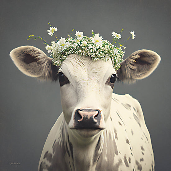 Seven Trees Designs ST1061 - ST1061 - Cow-ntry Charm - 12x12 Whimsical, Cow, White Cow, Black Spots, Floral Crown, Flowers, Daisies, Portrait, Gray Background from Penny Lane