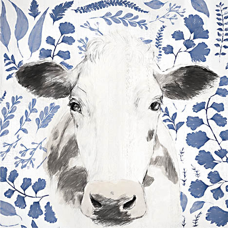 White Ladder WL144A - WL144A - Navy Botanical Cow   - 18x18 Cow, Black & White Cow, Blue & White Patterns from Penny Lane