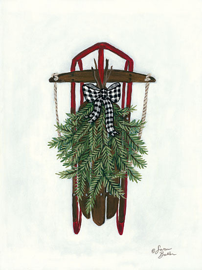 Sara Baker BAKE117 - Vintage Winter Sled - 12x16 Antiques, Sled, Greenery, Sled Riding, Vintage from Penny Lane