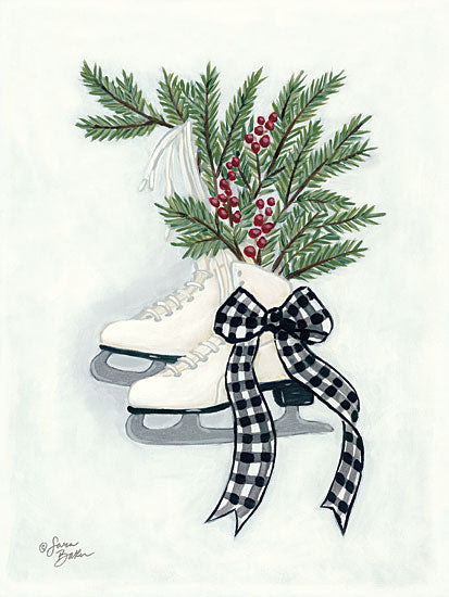 Sara Baker BAKE118 - Vintage Winter Ice Skates - 12x16 Antiques, Ice Skates, Greenery, Ice Skating, Vintage, Berries from Penny Lane