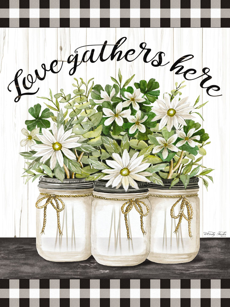 Cindy Jacobs CIN1669 - CIN1669 - Love Gathers Here - 12x16 Love Gathers Here, Glass Jars, White Flowers, Flowers, Gingham, Still Life from Penny Lane