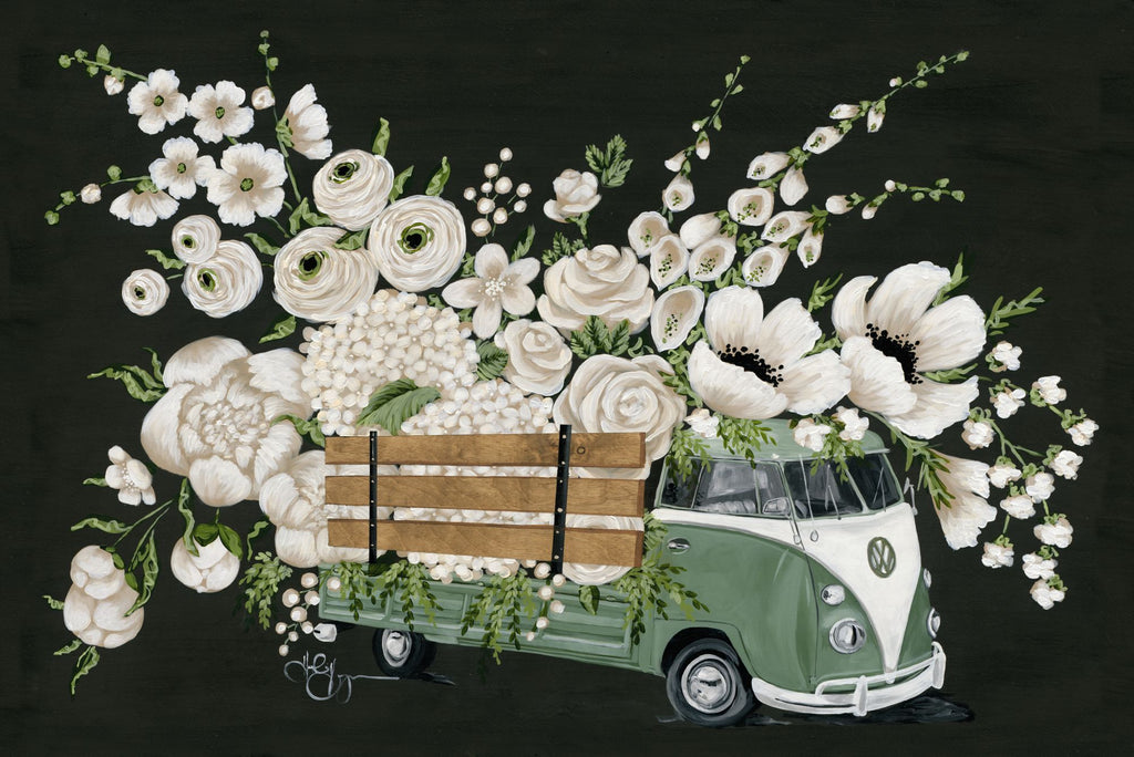 Hollihocks Art HH133 - HH133 - VW Bus Black - 18x12 Volkswagen, Bus, Retro, Flowers, White Flowers, Vintage, Chalkboard from Penny Lane