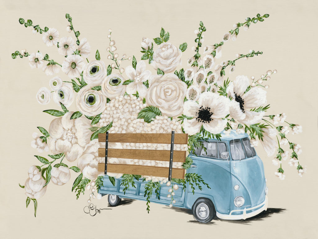 Hollihocks Art HH134 - HH134 - VW Bus White   - 24x18 Volkswagen, Bus, Retro, Flowers, White Flowers, Vintage from Penny Lane