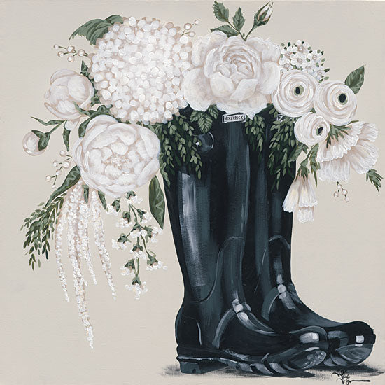 Hollihocks Art HH146 - HH146 - Flowers and Black Boots - 12x12 Black Boots, Rain Boots, Flowers, White Flowers, Garden from Penny Lane