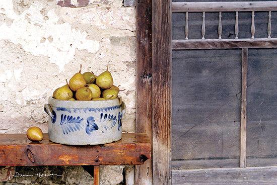 Irvin Hoover HOO121 - HOO121 - Bushel and a Peck Crock of Pears - 18x12 Blue and White Crock, Crock, Pears, Fruit, Wood Bench, Rustic from Penny Lane