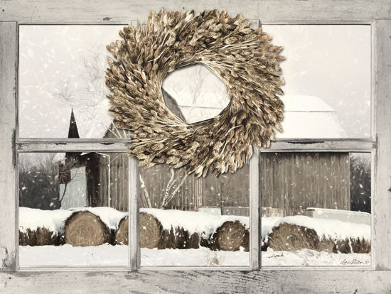Lori Deiter LD1513 - LD1513 - Millersburg Winter View  - 16x12 Window Pane, Wreath, Wheat, Hay Bales, Farm, Barn, Winter, Snow from Penny Lane