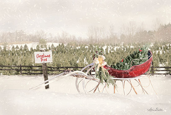 Lori Deiter LD1705 - Red Sleigh at Tree Farm - 18x12 Christmas Tree Farm, Christmas Trees, Sleigh, Pine Trees, Winter, Snow from Penny Lane