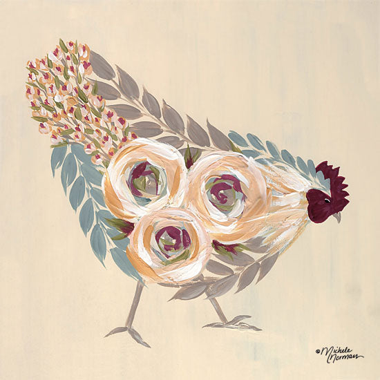 Michele Norman MN133 - Floral Hen Blue and Yellow - 12x12 Rooster, Flowers, Botanical, Farm, Whimsical, Botanical from Penny Lane